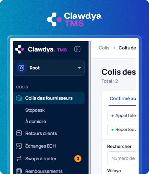 Clawdya TMS parcels view with the supplier parcels, returns, exchanges and refunds menu